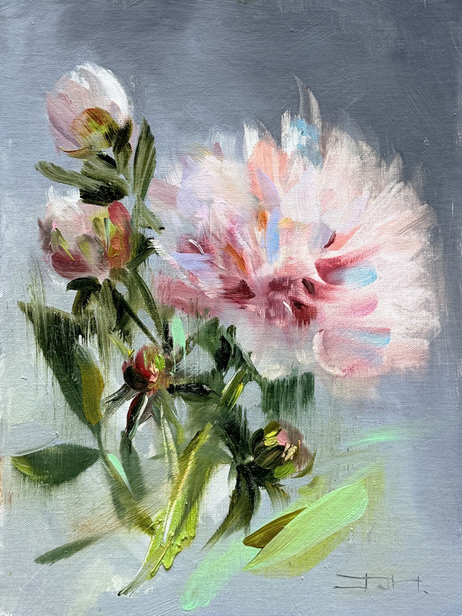 Peonies in Grey – Original Oil Painting by Tatsiana Harbacheuskaya